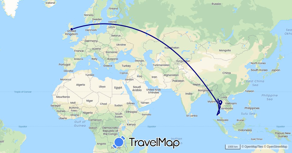 TravelMap itinerary: driving in United Kingdom, Thailand (Asia, Europe)